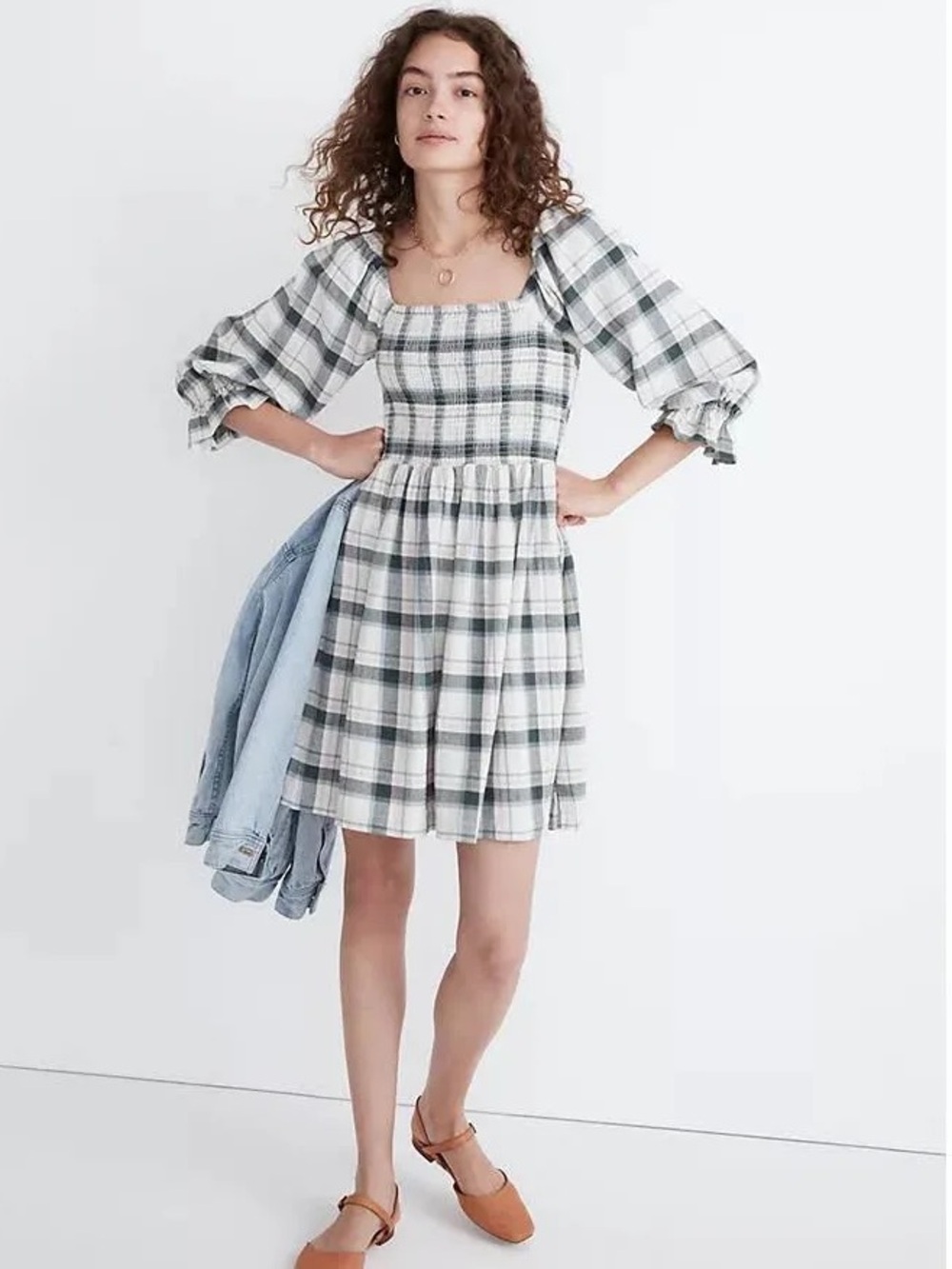 Madewell White and Gray Plaid Square-Neck Puff-Sleeve Dress